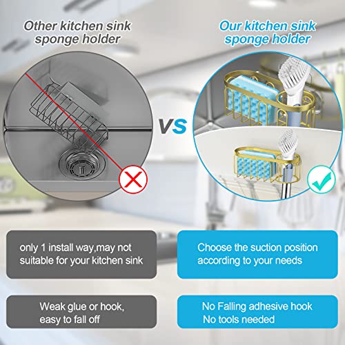 2-in-1 Sponge Holder for Kitchen Sink, Sink Caddy Kitchen Sink Organizer with 3 Suction Cups, No Drill Rustproof Sink Sponge Holder for Dish Brush, Soap & Sponge (Gold) - color: A Style-Gold
