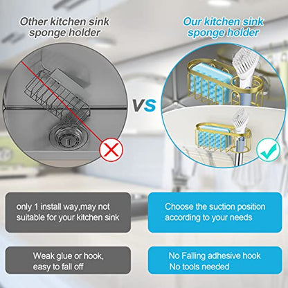 2-in-1 Sponge Holder for Kitchen Sink, Sink Caddy Kitchen Sink Organizer with 3 Suction Cups, No Drill Rustproof Sink Sponge Holder for Dish Brush, Soap & Sponge (Gold) - color: A Style-Gold