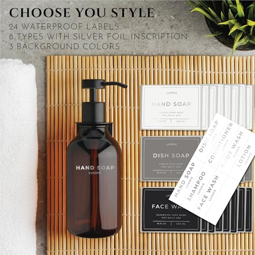Shower Shampoo Dispenser Wall Mounted – 3 Refillable 16.9 oz Amber Bottles with Stainless Steel Pumps & No-Drill Adhesive Holders – Soap Dispenser Set for Bathroom (3 X Amber/Black) - color: 3 X Amber/Black