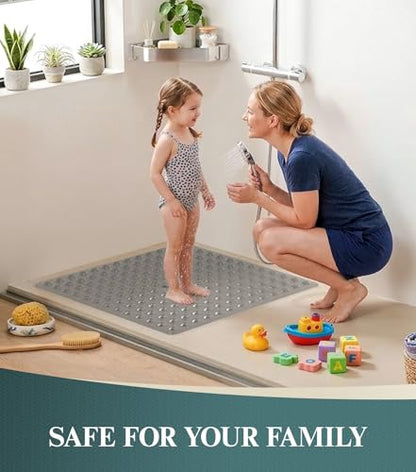 HITSLAM 21x21 Inch Square Shower Mat Non Slip, Anti Slip Bathtub Mat with Strong Suction Cups & Drainage Holes, Machine Washable Bathroom Floor Mat for Inside Shower Stall and Tub, Grey - color: Grey