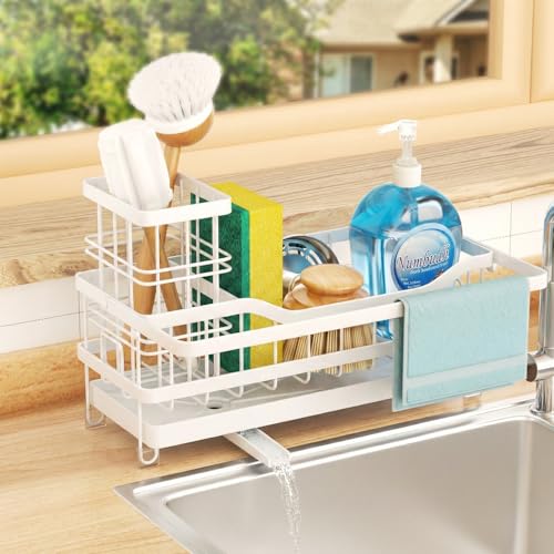 Sponge Holder for Kitchen Sink, Self-draining Sink Organizer with Towel Rack and Brush Holder, Metal Kitchen Sink Organizer for Countertop, White - color: White