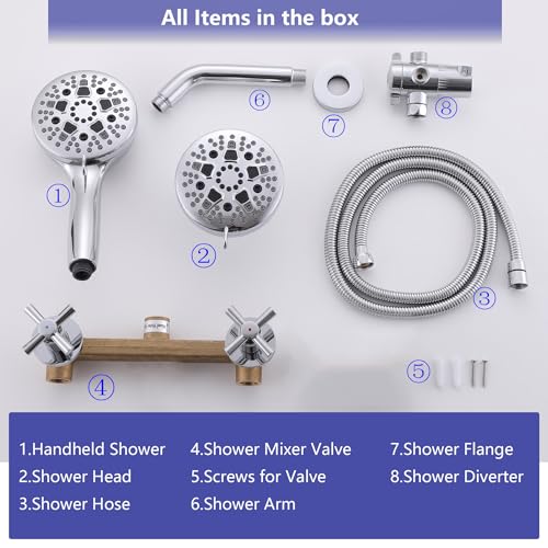 2 Handle Shower Faucet Set Chrome Shower Trim Kit with Valve | 9 Modes Hand Shower, 7 Modes Shower Head, Dual Head Work independently /Work Together, Brass Valve, NPT 1/2" US Connection - color: Chrome, style: Style C
