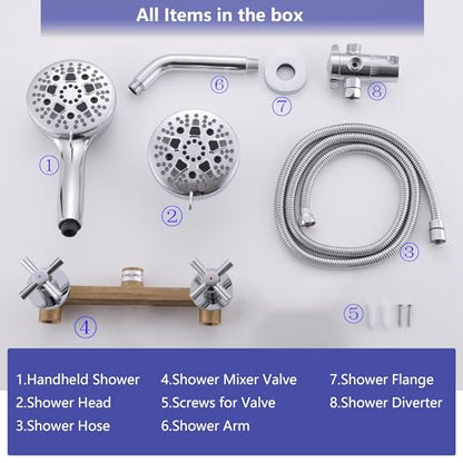 2 Handle Shower Faucet Set Chrome Shower Trim Kit with Valve | 9 Modes Hand Shower, 7 Modes Shower Head, Dual Head Work independently /Work Together, Brass Valve, NPT 1/2" US Connection - color: Chrome, style: Style C