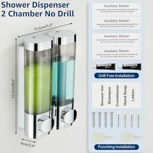Pollock Pollock Shampoo and Conditioner Dispenser Wall Mounted | Shower Soap Dispenser 2 Chamber No Drill, Shampoo Dispenser for Shower, Body Wash Dispenser for Bathroom, Large Capacity - color: Silver Dg2 Chamber