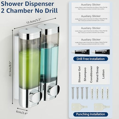 Pollock Pollock Shampoo and Conditioner Dispenser Wall Mounted | Shower Soap Dispenser 2 Chamber No Drill, Shampoo Dispenser for Shower, Body Wash Dispenser for Bathroom, Large Capacity - color: Silver Dg2 Chamber