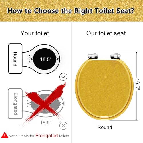 Angol Shiold Glitter Toilet Seat Molded Wood Round Toilet Seat with Quietly Close and Quick Release Hinges, Easy to Install also Easy to Clean (Round 16.5'', Gold) - color: Gold, size: Round 16.5‘’