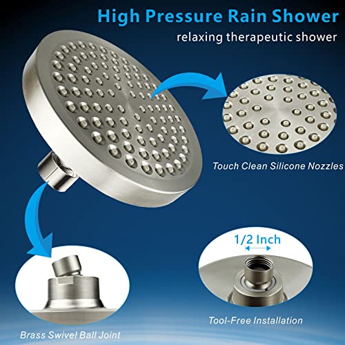 High Pressure Rain Shower Head with 11'' Extension Arm - High Flow Rainfall Showerhead - Luxury Modern Look - Pressure Boosting (Round, Brushed Nickel) - color: Brushed Nickel, style: 6" Round