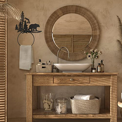Funrous Bear Towel Holder for Bathroom Matte Black Metal Hand Towel Holder | Rustic Forest Bear Cub Decorative Bath, Toilet Wall Mounted Ring, Hanging Hand Cloth, Round Washcloth Rack Home Kitchen - style: Bear