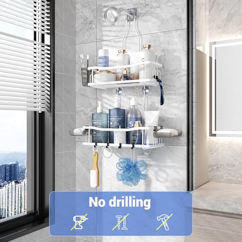 Hanging Shower Caddy Over Shower Head - No Drill Rustproof Shower Rack | Includes Soap Holder and Hooks for Shampoo, Conditioner, and Bathroom Essentials with Stable Storage in Any Shower Space - color: White