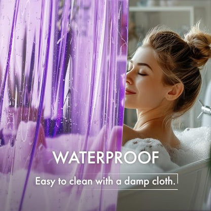 AmazerBath No Hook Shower Curtain and Liner 3-in-1, 8G Luxury Heavy Duty Clear Purple No Hook Shower Curtain Liner, 72x75 Cute EVA Bathroom Weighted Plastic Shower Curtain with 3 Heavyweight Stones - color: Rainbow Lavender