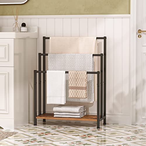 HOOBRO Free Standing Towel Rack, 3 Tier Blanket Rack, Blanket Holder for Bathroom, 23.6" L x 11" W x 31.9" H, Industrial Metal Drying and Display Rack with Shelf, Rustic Brown and Black BF06LB01 - color: Rustic Brown + Black, size: 23.6" L x 11" W x 31.9"