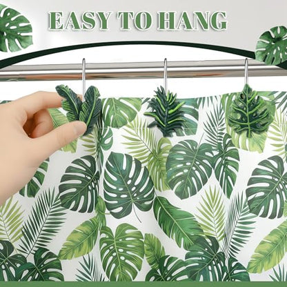 12 Pcs Tropical Leaf Decorative Shower Curtain Hooks Cute Green Monstera Deliciosa Leaves Curtain Rings Hanger Stainless Steel Resin Tropical Botanical Themed Hooks for Home Bathroom Decor - style: Tropical