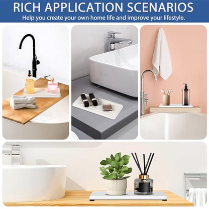3PCS Water Absorbing Stone Tray, DryingNeat Diatomite Stone Sink Tray, Instant Dry Sink Coasters, Kitchen Sponge Hand Soap Holder, Bathroom Sink Vanity Trays,8 * 4inch and 4 * 4inch - color: 1pcs 21×10cm + 2pcs 10×10cm White Stripe