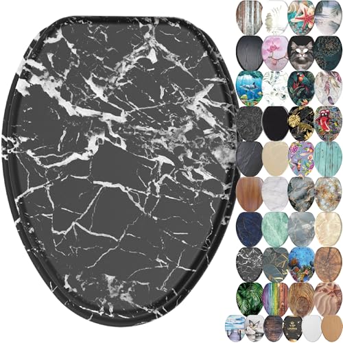 SANILO Wooden Toilet Seat with Soft Close [ELONGATED] - Decorative, Quiet & Slow Close Molded Wood Seat - With Strong Bumpers & Hinges - Adjustable Fit - Marble Black - color: Marble Black