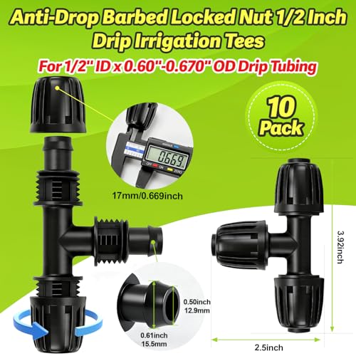 10 Pieces 1/2 Inch Drip Irrigation Tee Fittings, 1/2'' Drip Line Barbed Locked Tee Connectors for 1/2 Inch Irrigation Tubing (1/2" ID x 0.670" OD) Anti-leak 3-Way Irrigation System Parts - size: 1/2" Lock Nut Tee