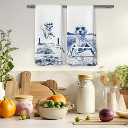 Lake House Decor Golden Retriever Kitchen Towels Set of 2, Summer Funny Lake Dog Coastal Bathroom Hand Towel, Dog Lover Gifts Tea Towel Dish Towels 16x24 Inch - color: Golden Retriever