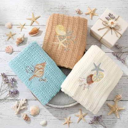 HunnmingRe 3 Pcs Coastal Waffle Hand Towels for Bathroom Farmhouse Embroidered Ocean Beach Nautical Finger Towels Sand Dollar Starfish 13.78 x 29.5 Inch Bath Decor for Summer Kitchen Spa Home - style: Coastal