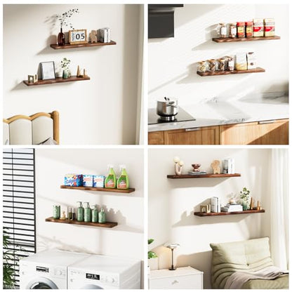 Solid Wood Live Edge Floating Shelves Set of 2 – 36" Rustic Wall Shelf with Hidden Bracket System, Wall Mounted Shelves for Bathroom, Kitchen, Living Room, Bedroom (Walnut) - color: Walnut, size: 36inch