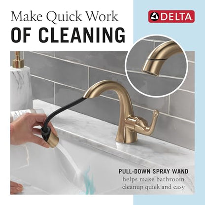 Delta Arvo 1 Hole Brushed Gold Bathroom Faucet with Sprayer, Single Hole Bathroom Sink Faucet with Pull Out Sprayer for Vanity, Push-Pop Drain, Champagne Bronze 15840LF-CZPD - color: Champagne Bronze