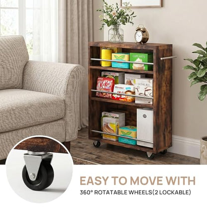 4-Tier Slim Rolling Cart with Wheels, 7.9"W Narrow Storage, Rustic Brown | 4 adjustable MDF shelves (20 lbs each), 360° casters + side handle, Fits kitchen, laundry, bathroom & dorm tight gaps - color: Brown