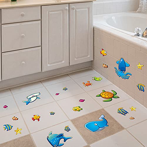 TESWEY 24PCS Non Slip Bathtub Stickers, Cartoon Marine Life Bath Tub Sticker, PVC Matte Bath Tub Slip Stickers for Kid's Room, Bathroom,Floor, Anti-Slip Appliques for Shower Surfaces