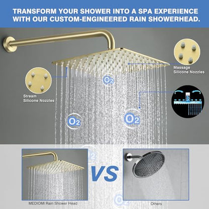 Solid Metal Large Rain Shower Head, Square High Flow Ceiling Rainfall Shower Head with Shower Arm and Flange, Reinforced Explosion-Proof Stainless Steel Construction (12-Inch, Brushed Gold) - color: Brushed Gold, size: 12 Inch