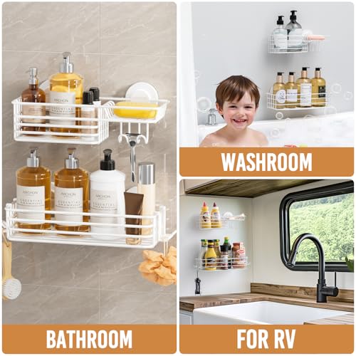 Shower Caddy Suction Cup, 2 Pack Shelves for Inside with Hooks | White Shower Basket, Rustproof Meatl Bathroom Holder, Soap Holder, NO-Drilling Bathroom Organizer - color: 2 X White Basket