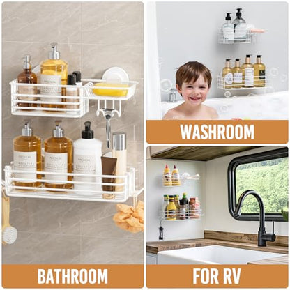 Shower Caddy Suction Cup, 2 Pack Shelves for Inside with Hooks | White Shower Basket, Rustproof Meatl Bathroom Holder, Soap Holder, NO-Drilling Bathroom Organizer - color: 2 X White Basket