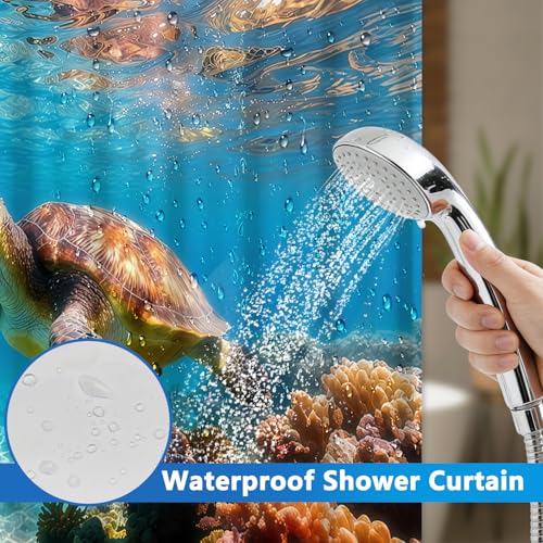 No Hook Shower Curtain with Snap in Liner, Ocean Themed Turtle Shower Curtain with Mesh Top Window and Weighted Hem, 71x74 Inches Double-layer Waterproof Fabric Shower Curtain and Button Liner Set - color: Sea Turtle