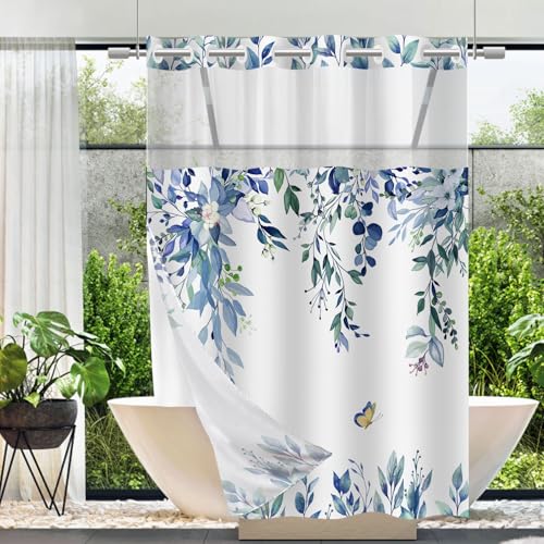 No Hook Shower Curtain and Liner Set, Blue Eucalyptus 54x80 | Floral Design, with Snap in Liner, Waterproof, Machine Washable, Quick-Drying, for Hotel Bathroom - color: Blue, size: 54"W x 80"L (Pack of 1)