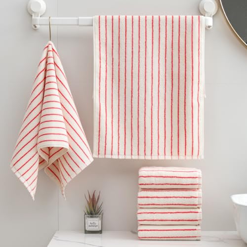 Striped Hand Towels for Bathroom, 100% Cotton Red Stripe, 6 Pack, | Face Towels Super Soft Fast Drying Black Stripes Bathroom - color: Red