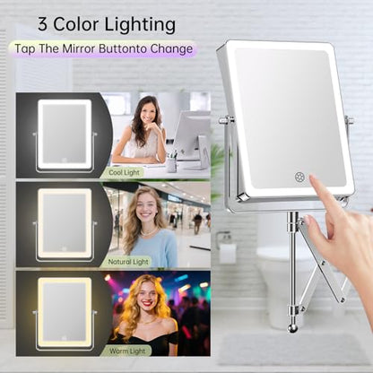 FASCINATE 8.7" 5000mAh Rechargeable Wall Mounted Makeup Mirror (Chrome) | Double Sided Touch Switch 1X 30X Magnifying Bathroom Mirror, 3 Color Lights Dimmable Extended Arm 360°Rotation - color: Chrome C
