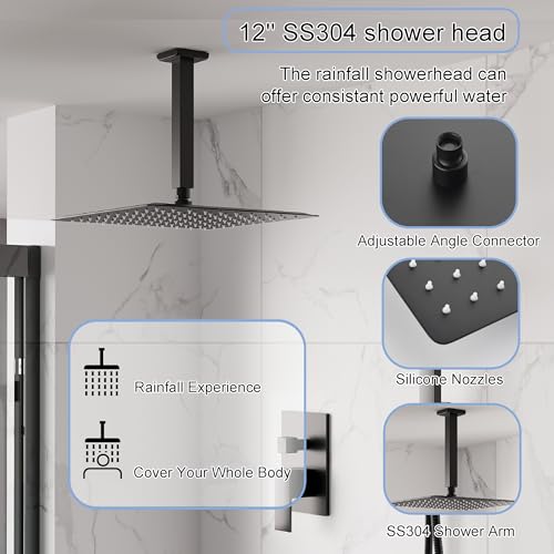 WELLFOR 12-In Ceiling Mount Shower System with Single Handle, Pressure-balanced Valve Included, Waterfall Dual Head Shower Head System, Rain Shower System, Shower Faucet Trim Kits, Matte Black - color: Matte Black, style: Ceiling Mount 12-Inch