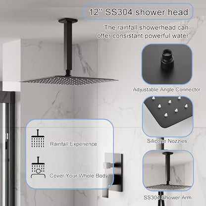 WELLFOR 12-In Ceiling Mount Shower System with Single Handle, Pressure-balanced Valve Included, Waterfall Dual Head Shower Head System, Rain Shower System, Shower Faucet Trim Kits, Matte Black - color: Matte Black, style: Ceiling Mount 12-Inch