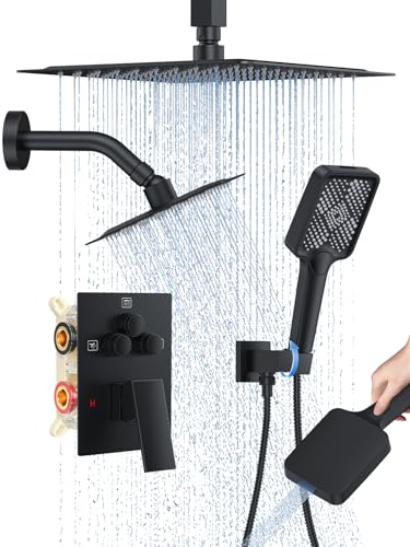 Woindo Shower Faucet Set, 10" Ceiling Mount Rainfall Shower System with 2 Rain Shower Head and Multi-function Handheld Head Push Button Diverter Shower Faucet Trim Kit - color: Matte Black, style: 10"-Ceiling-01