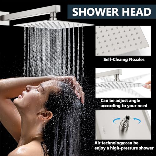 Aolemi Shower Faucet Set with Handheld Brushed Nickel 10 Inch Head | Pressure Balance Shower Valve and Trim Kit,SUS304 Rain Head and Handle System,All Metal,Wall Mount,Bathroom,Handheld Spray - color: Nickel, size: 10 Inch Wall Mount Shower Head