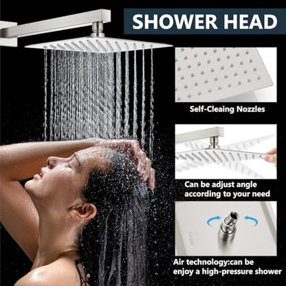 Aolemi Shower Faucet Set with Handheld Brushed Nickel 10 Inch Head | Pressure Balance Shower Valve and Trim Kit,SUS304 Rain Head and Handle System,All Metal,Wall Mount,Bathroom,Handheld Spray - color: Nickel, size: 10 Inch Wall Mount Shower Head