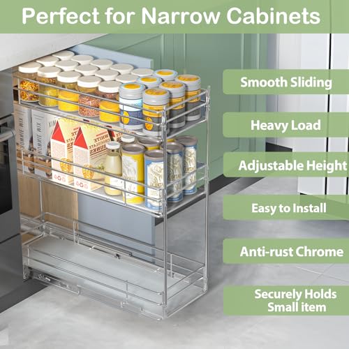 Pull Out Spice Rack Cabinet Organizer (8" W X 20½" D),3 Tier Slide Out Drawer for Narrow Cabinet, Pull Out Shelves Under Cabinet Storage for Kitchen - size: 8" W x 20½" D,3 Tier