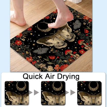 Bath Mat-Bathroom Rug，Moth Moon Mushrooms Flowers Non Slip Quick Dry Stain Resistant Easy to Clean Care Shower Rug for Bathtub Shower Room 17×27.5Inch (43 * 70cm) - color: Moth Moon Mushrooms Flowers, size: 17 x 27.5 inches