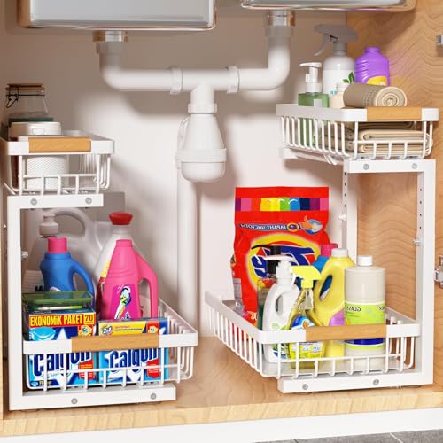 Liuoud Under Sink Organizer 2 Pack, 2 Tier Slide Out Large Capacity Height Adjustable Under Sink Organizers and Storage for Kitchen Bathroom Cabinet, White - color: White