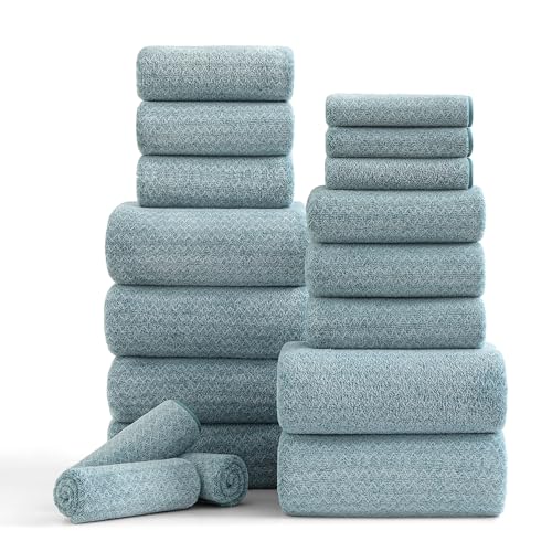 18 Piece Bath Towels Set,100% Microfiber Family Bathroom Towel with Hanging Loops-6 Bath Towels,6 Hand Towels,6 Washcloths,Quick Dry Highly Absorbent Shower Towel for Bathroom,Hotel,Spa-Turquoise - color: Turquoise, size: 18 Piece Towel Set