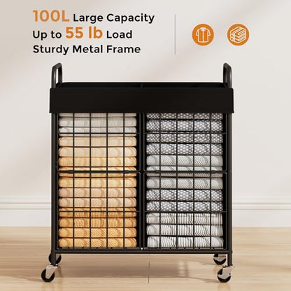 100L 2-Section Laundry Hamper with Wheels, Laundry Basket with Liner Bag | Lockable Casters; Divided Removable Liner; Reinforced Steel Frame; Metal Handle - color: Black, size: 100L-2 Sections