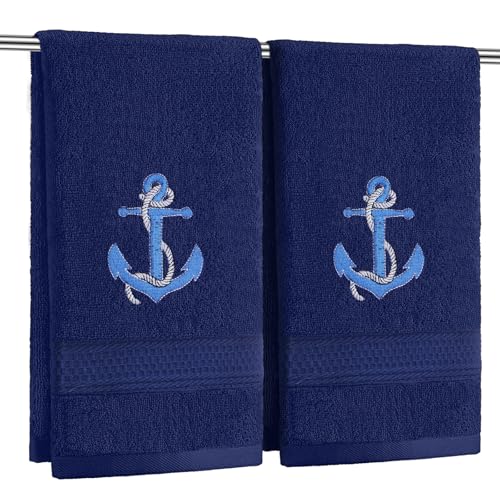 SmoothNovelty 2 Pcs Nautical Anchor Hand Towels Navy Blue Bathroom Decor 14x29 Inch Embroidered 100% Cotton Soft Absorbent Spring Summer Decorative Hand Towels for Bathroom Kitchen - style: Nautical Anchor