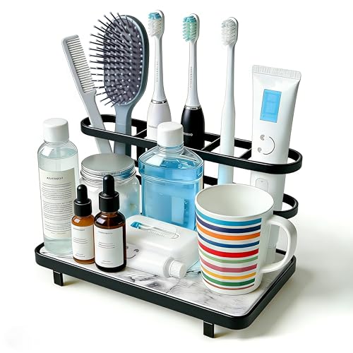 Diatomite Toothbrush Holder for Bathroom, Quick Dry Diatomaceous Earth Base, 5 Slot Electric Toothbrush Organizer for Countertop, Toothpaste Holder Bathroom Counter Organizer, Black - color: Black