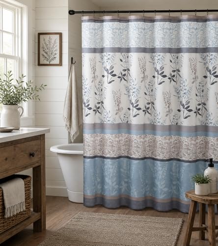 Serafina Home Hotel Quality Fabric Bathroom Shower Curtain: Farmhouse Floral Bordered Damask - Light Blue, Beige, and Grey (72 x 70 inches) - color: Farmhouse Floral