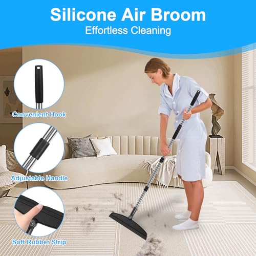 Broom and Dustpan Combo Set, 51" Long Handle with Squeegee | Black Complete Cleaning Kit, Floor Squeegee for Wet & Dry Messes, Built-in Comb Dustpan for Home & Pet Areas - color: Black