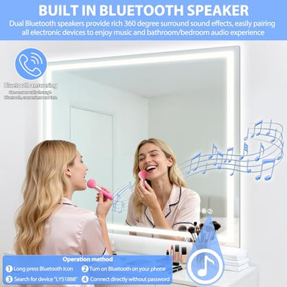 40" x 32" LED Bathroom Mirror with Anti-Fog & Touch Switch - Wall-Mounted Makeup Vanity Mirror, No Drilling Required, Smart Display (Square) - size: 39.4"L x 31.5"W