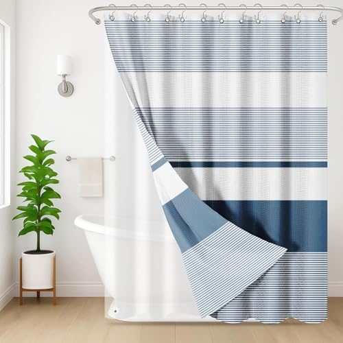 3 in 1 Shower Curtain and Liner,72 x 72 inch, Blue Geometric | Striped Modern Shower Curtain and PEVA Liner Set with 12 Rust-Resistant Metal Hooks, Waterproof Fabric Curtains for Bathroom - color: Blue