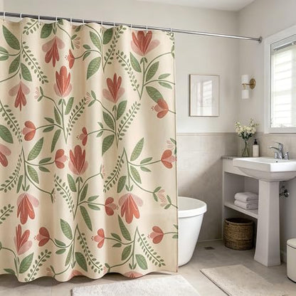 Pink Tulip Floral Linen Shower Curtain Set with Liner,72" Wx72 L | Double Layer Shower Curtain Waterproof Fabric with Zippered Removable PEVA Liner,Boho Shower Curtain for Bathroom,Free Hooks - color: Pink Tulip