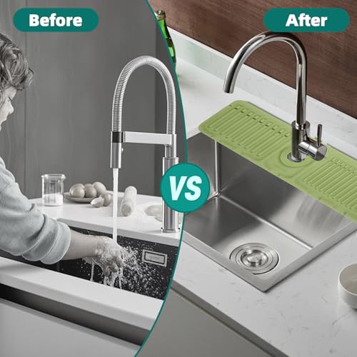 Kitchen Faucet Sink Splash Guard, Silicone Water Catcher Mat –17.52" x 5.51" Sink Draining Pad Behind Faucet, Rubber Drying Mat for Kitchen & Bathroom Countertop Protect (Green)